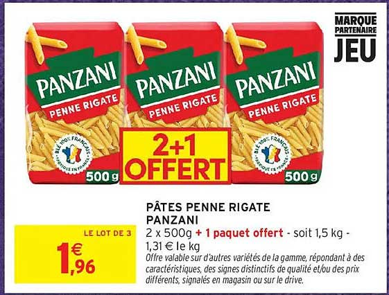 PÂTES PENNE RIGATE PANZANI 2+1 OFFERT