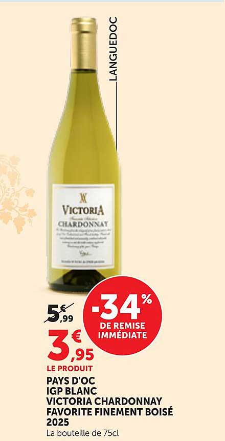 PAYS D'OC IGP BLANC VICTORIA CHARDONNAY FAVORITE FINEMENT BOISÉ 2025