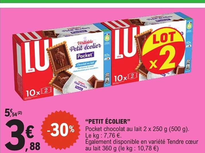 “PETIT ÉCOLIER” Pocket chocolat au lait 2 x 250 g (500 g)
