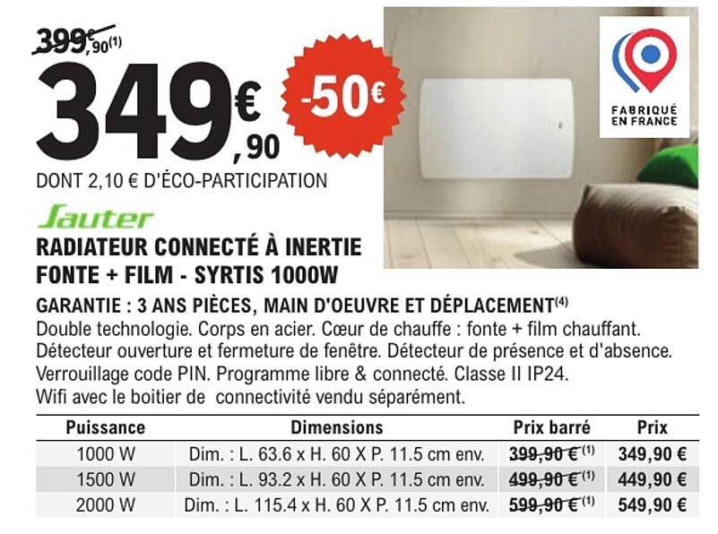 RADIATEUR CONNECTÉ À INERTIE FONTE + FILM - SYRTIS 1000W