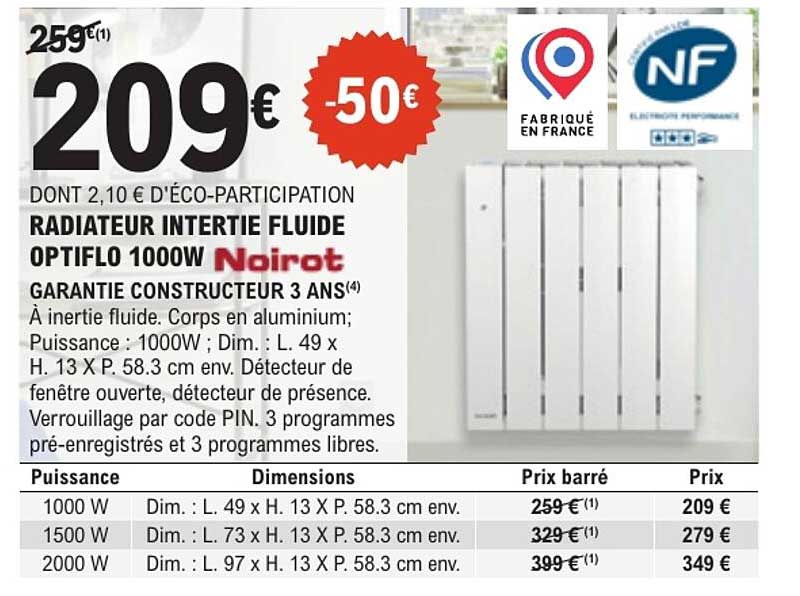RADIATEUR INTERTIE FLUIDE OPTIFLO 1000W Noirot