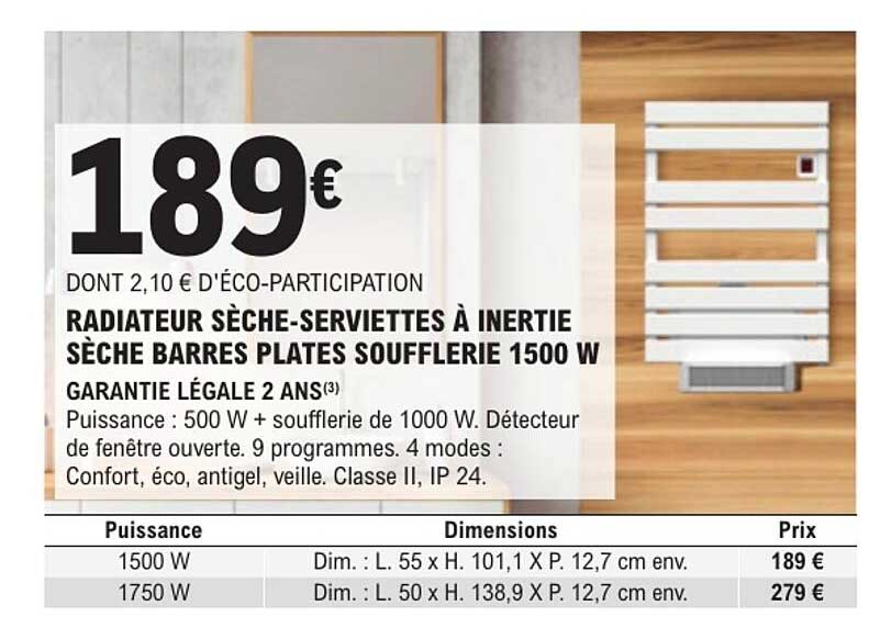 RADIATEUR SÈCHE-SERVIETTES À INERTIE SÈCHE BARRES PLATES SOUFFLERIE 1500 W