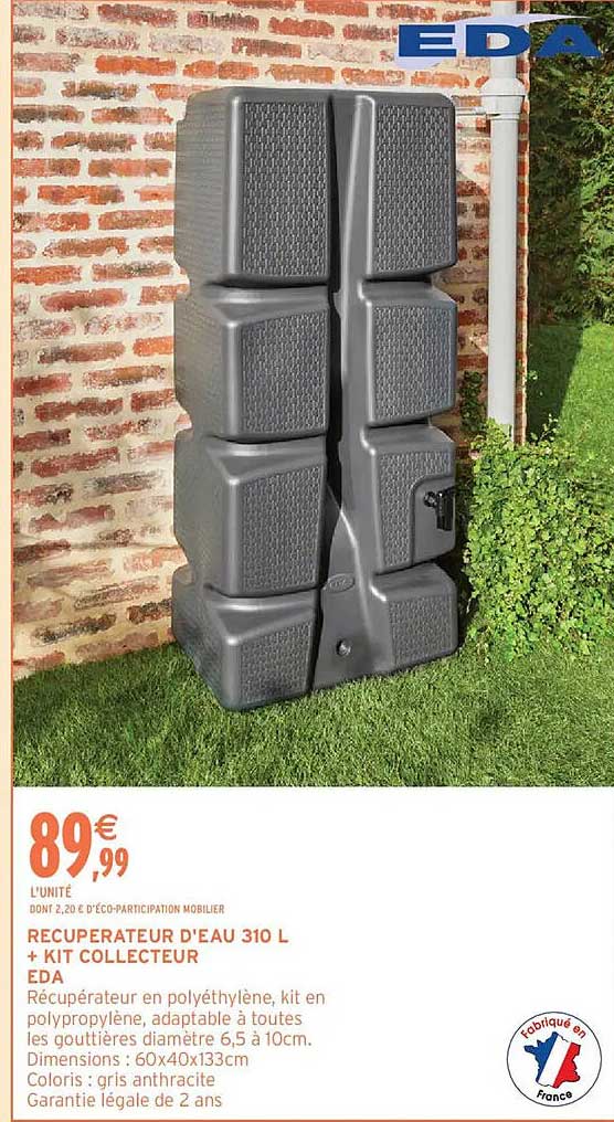 RECUPERATEUR D'EAU 310 L + KIT COLLECTEUR EDA