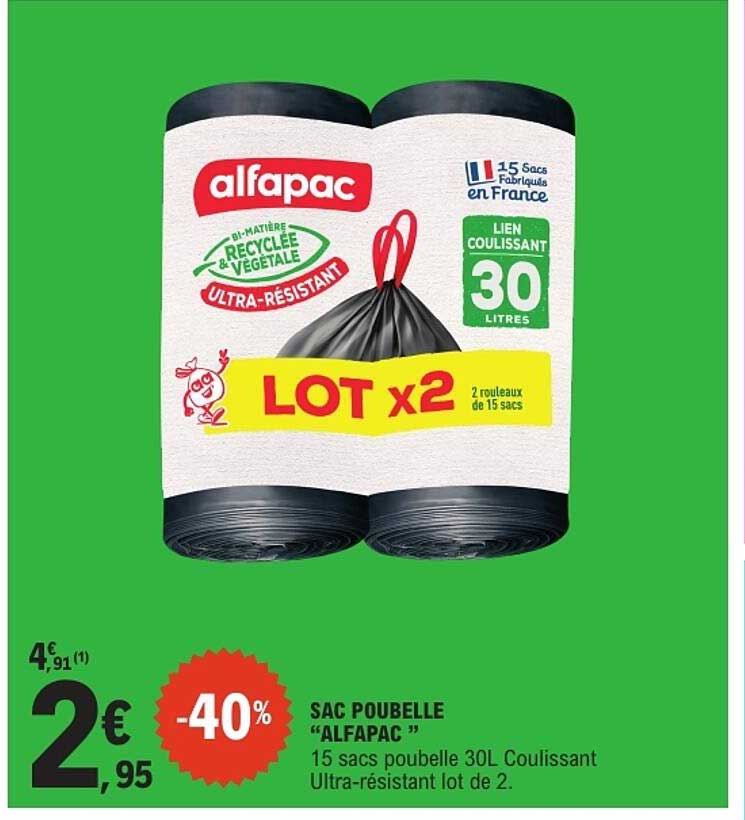 SAC POUBELLE “ALFAPAC” 15 sacs poubelle 30L Coulissant Ultra-résistant lot de 2.