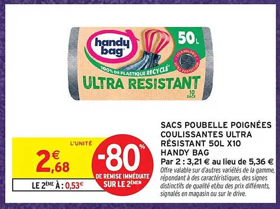 SACS POUBELLE POIGNÉES COULISSANTES ULTRA RÉSISTANT 50L X10 HANDY BAG