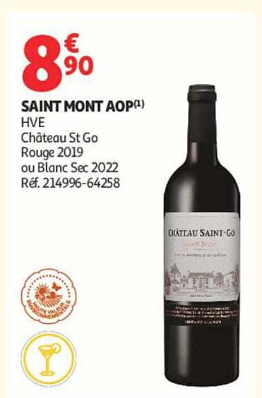 SAINT MONT AOP(1) HVE Château St Go Rouge 2019 ou Blanc Sec 2022 Réf. 214996-64258