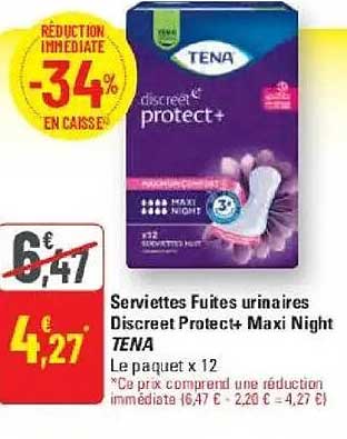 Serviettes Fuites urinaires Discreet Protect+ Maxi Night TENA