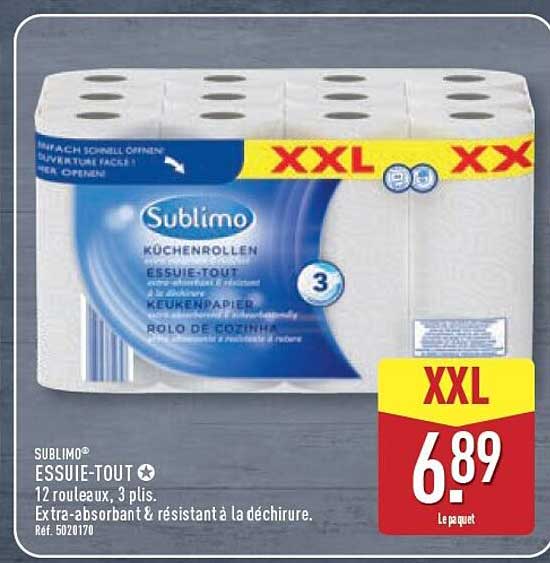 SUBLIMO® ESSUIE-TOUT 12 rouleaux, 3 plis. Extra-absorbant & résistant à la déchirure.