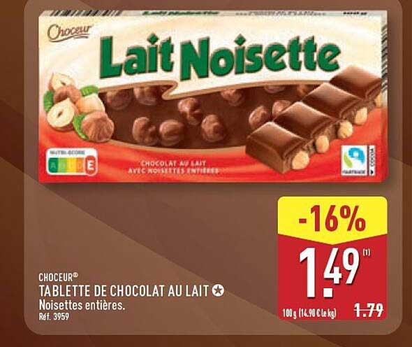 TABLETTE DE CHOCOLAT AU LAIT Noisettes entières.