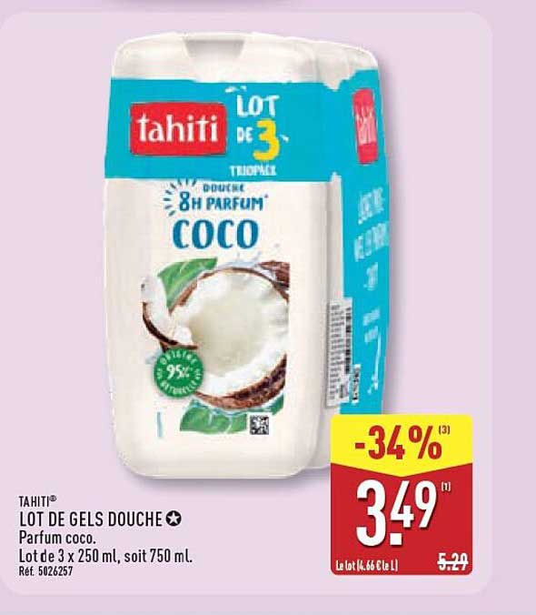 Tahit Lot de gels douche parfum coco. Lot de 3 x 250 mL, soit 750 mL.