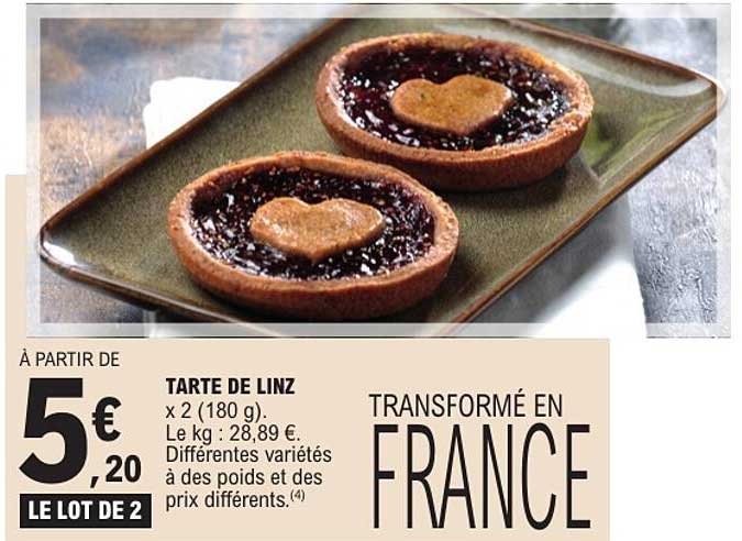 TARTE DE LINZ x 2 (180 g). Le kg : 28,89 €. Différentes variétés à des poids et des prix différents.(4)