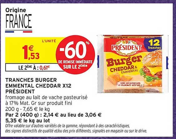 TRANCHES BURGER EMMENTAL CHEDDAR X12 PRÉSIDENT