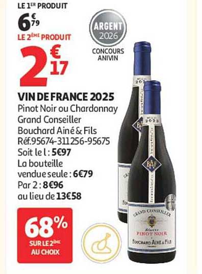 VIN DE FRANCE 2025 Pinot Noir ou Chardonnay Grand Conseiller Bouchard Ainé & Fils