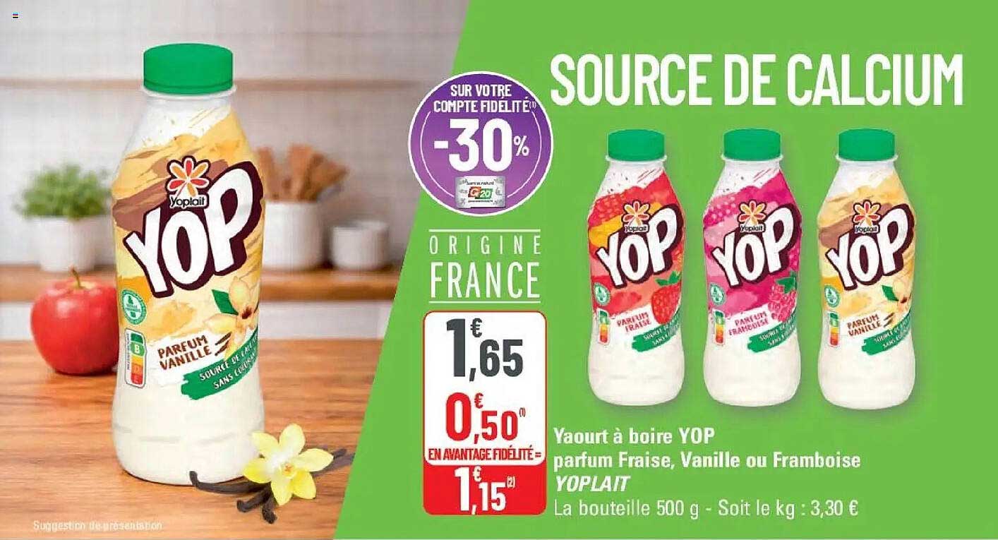 Yaourt à boire YOP parfum Fraise, Vanille ou Framboise
