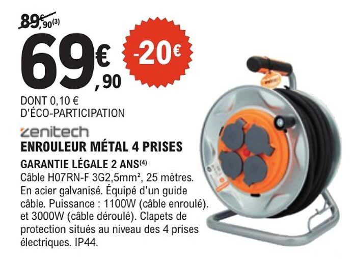 zenitech ENROULEUR MÉTAL 4 PRISES