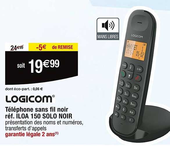 LOGICOM Téléphone sans fil noir réf. ILOA 150 SOLO NOIR