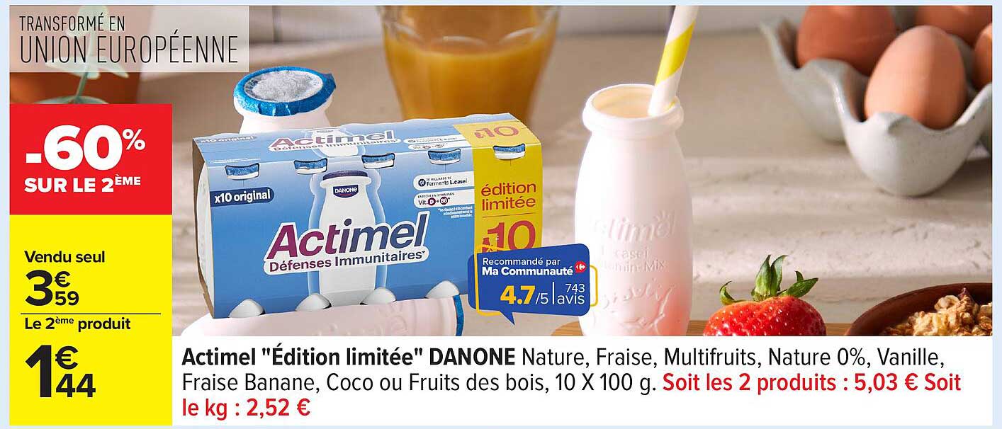 Actimel "Édition limitée" DANONE Nature, Fraise, Multifruits, Nature 0%, Vanille, Fraise Banane, Coco ou Fruits des bois
