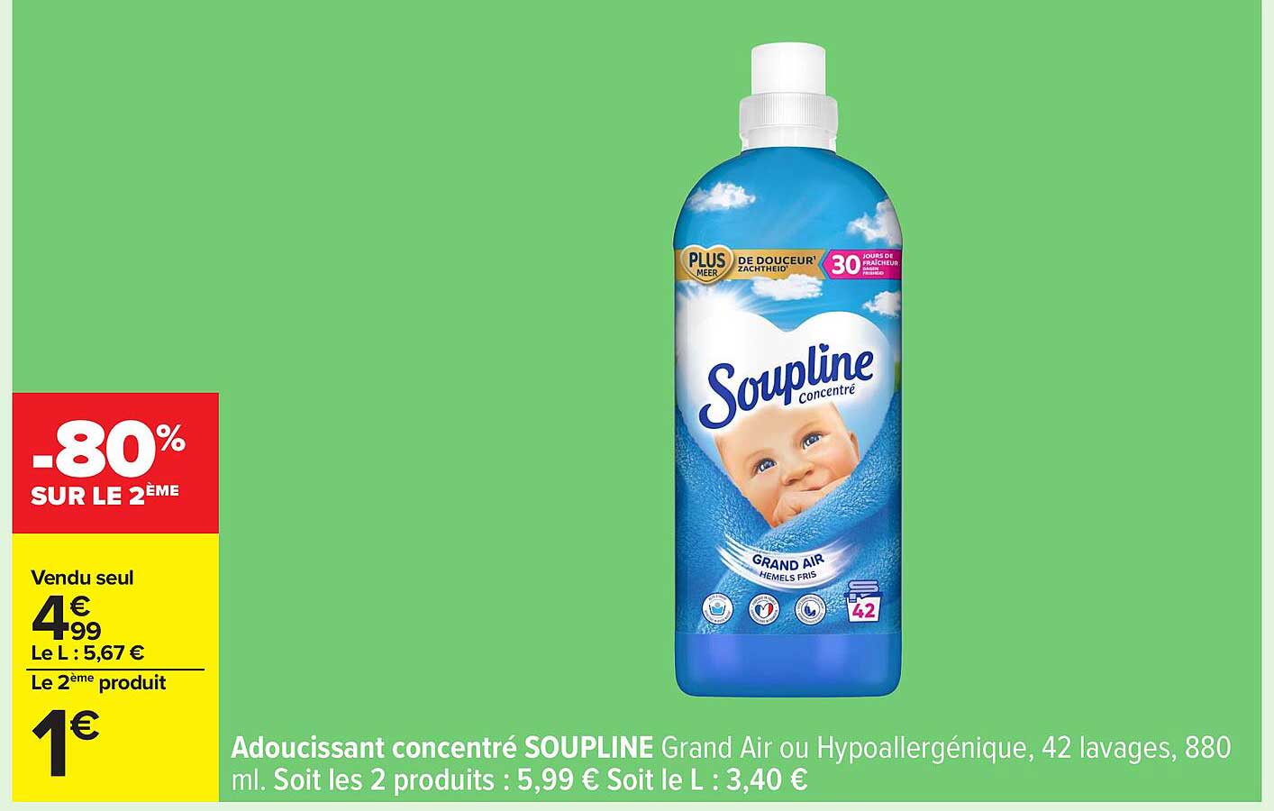 Adoucissant concentré SOUPLINE Grand Air ou Hypoallergénique, 42 lavages, 880 ml.