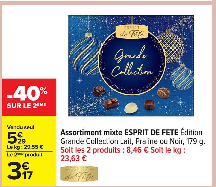 Assortiment mixte ESPRIT DE FETE Édition Grande Collection Lait, Praline ou Noir, 179 g