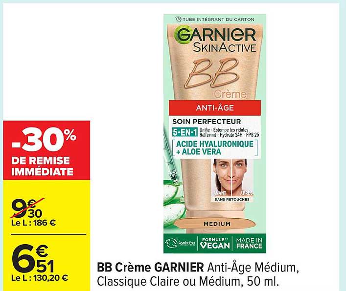 BB Crème GARNIER Anti-Âge Medium, Classique Claire ou Medium, 50 ml.