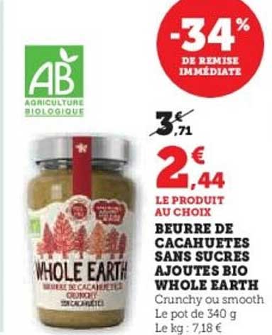 Beurre de cacahuètes sans sucres ajoutés bio Whole Earth