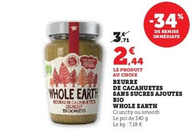 BEURRE DE CACAHUETES SANS SUCRES AJOUTES BIO WHOLE EARTH