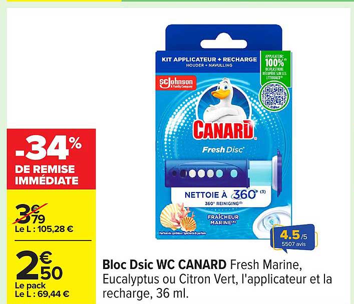 Bloc Disc WC CANARD Fresh Marine, Eucalyptus ou Citron Vert, l'applicateur et la recharge, 36 ml.