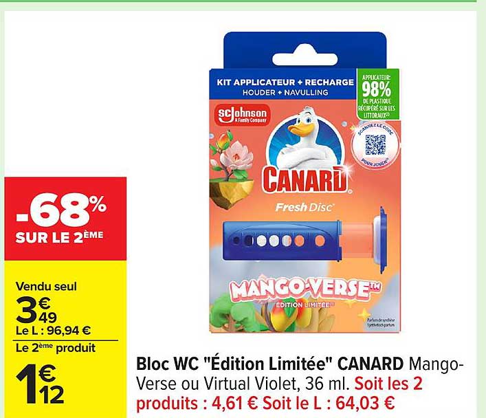 Bloc WC "Édition Limitée" CANARD Mango-Verse ou Virtual Violet, 36 ml