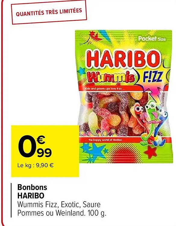 Bonbons HARIBO Wummis Fizz, Exotic, Saure Pommes ou Weinland. 100 g.