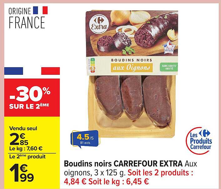 Boudins noirs CARREFOUR EXTRA Aux oignons, 3 x 125 g.