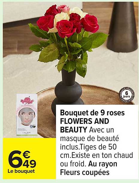 Bouquet de 9 roses FLOWERS AND BEAUTY Avec un masque de beauté inclus.