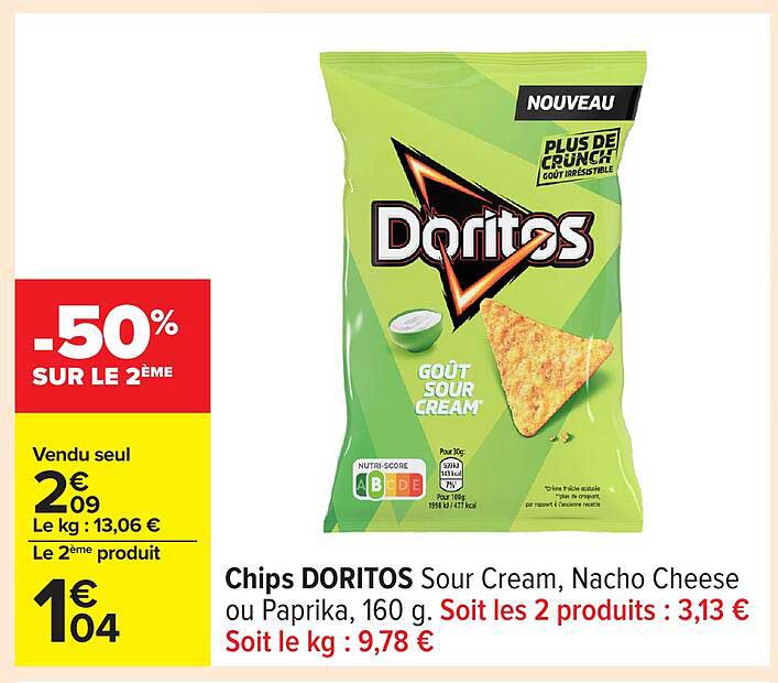 Chips DORITOS Sour Cream, Nacho Cheese ou Paprika, 160 g