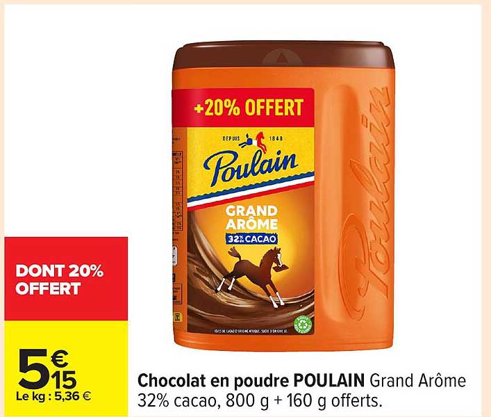 Chocolat en poudre POULAIN Grand Arôme 32% cacao, 800 g + 160 g offerts.