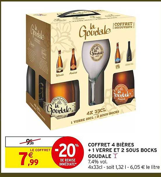 COFFRET 4 BIÈRES + 1 VERRE ET 2 SOUS BOCKS GOUDALE