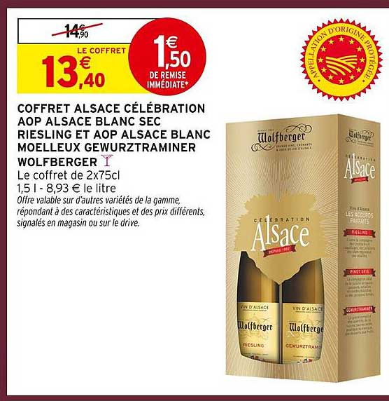 COFFRET ALSACE CÉLÉBRATION AOP ALSACE BLANC SEC RIESLING ET AOP ALSACE BLANC MOELLEUX GEWURZTRAMINER WOLFBERGER