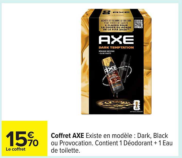 Coffret AXE Existe en modèle : Dark, Black ou Provocation. Contient 1 Déodorant + 1 Eau de toilette.