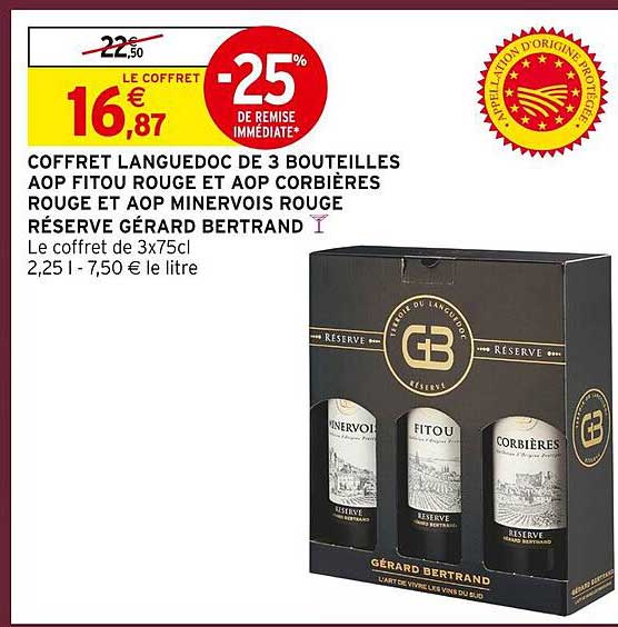 COFFRET LANGUEDOC DE 3 BOUTEILLES AOP FITOU ROUGE ET AOP CORBIÈRES ROUGE ET AOP MINERVOIS ROUGE RÉSERVE GÉRARD BERTRAND