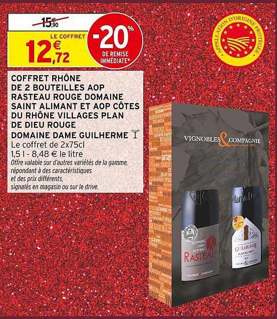 COFFRET RHÔNE DE 2 BOUTEILLES AOP RASTEAU ROUGE DOMAINE SAINT ALIMANT ET AOP CÔTES DU RHÔNE VILLAGES PLAN DE DIEU ROUGE DOMAINE DAME GUILHERME
