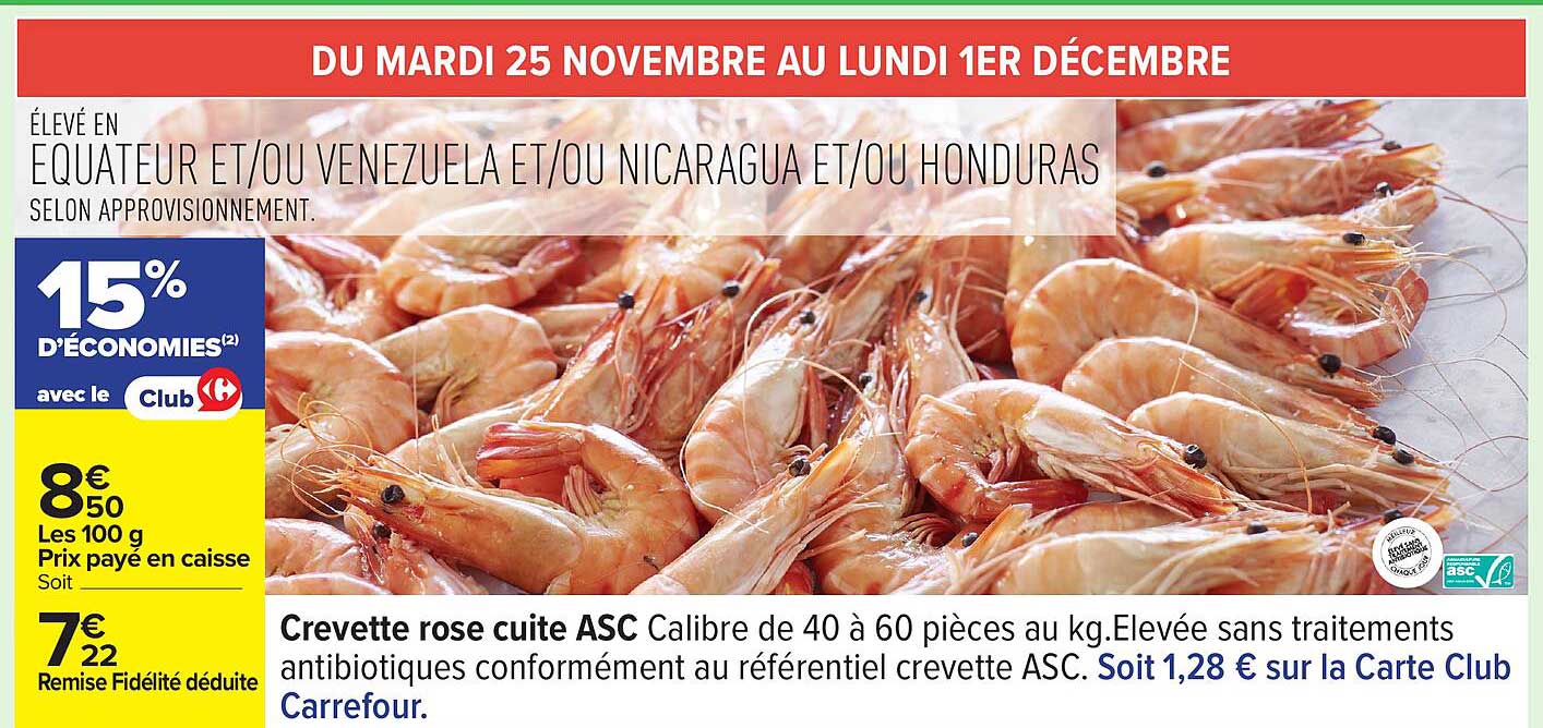 Crevette rose cuite ASC Calibre de 40 à 60 pièces au kg.