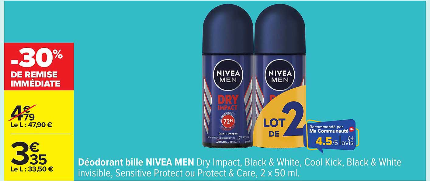 Déodorant bille NIVEA MEN Dry Impact, Black & White, Cool Kick, Black & White invisible, Sensitive Protect ou Protect & Care, 2 x 50 ml.