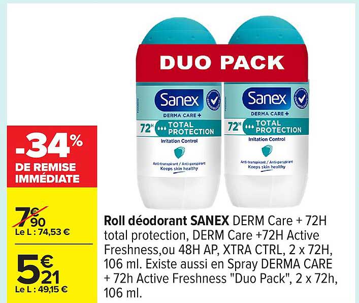 Duo Pack Roll Déodorant SANEX DERMA Care + 72H Total Protection
