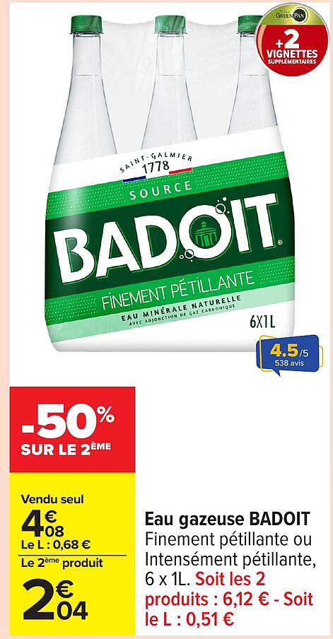 Eau gazeuse BADOIT Finement pétillante ou Intensément pétillante, 6 x 1L