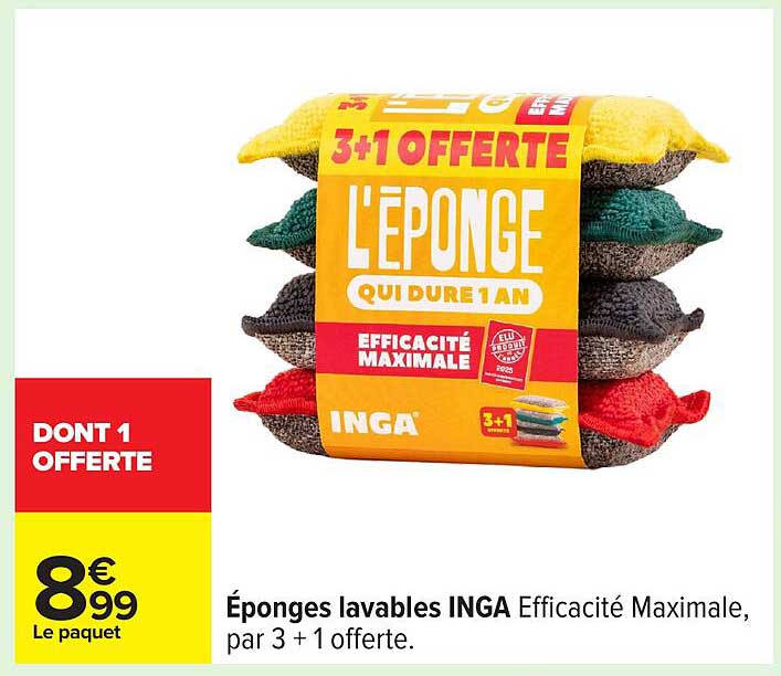 Éponges lavables INGA Efficacité Maximale, par 3 + 1 offerte.