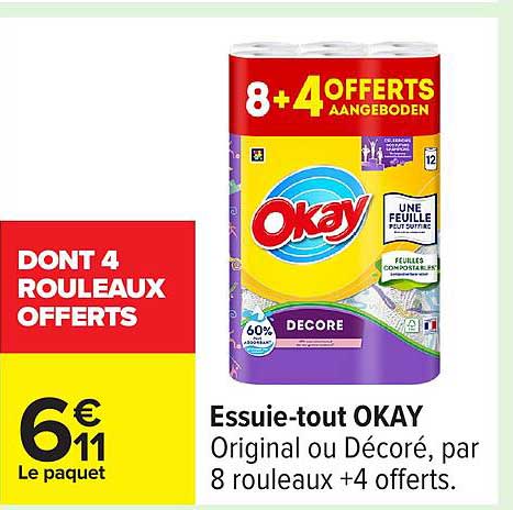 Essuie-tout OKAY Original ou Décoré, par 8 rouleaux +4 offerts.
