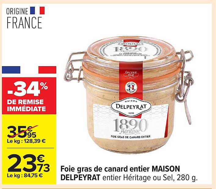 Foie gras de canard entier MAISON DELPEYRAT entier Héritage ou Sel, 280 g.