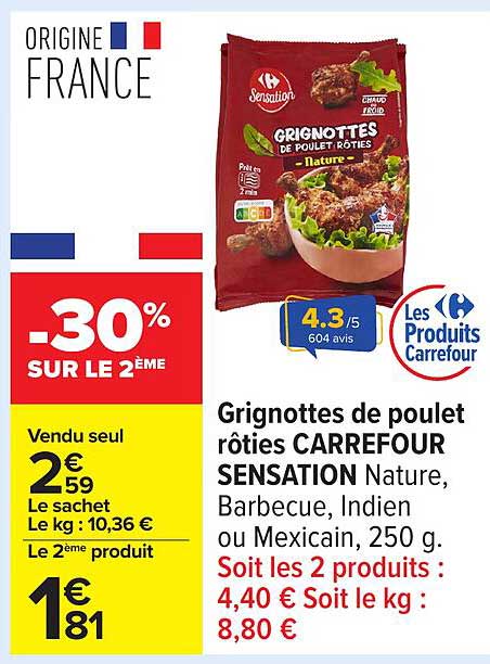 Grignottes de poulet rôties CARREFOUR SENSATION Nature, Barbecue, Indien ou Mexicain, 250 g