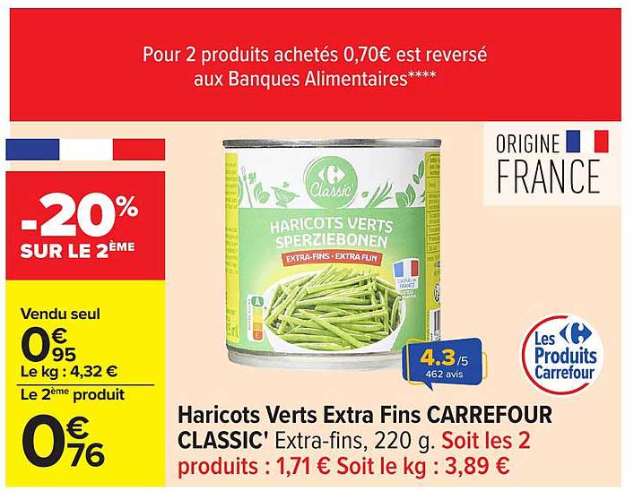 Haricots Verts Extra Fins CARREFOUR CLASSIC' Extra-fins, 220 g