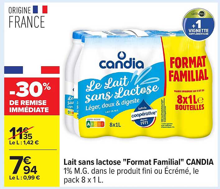 Lait sans lactose 'Format Familial' CANDIA