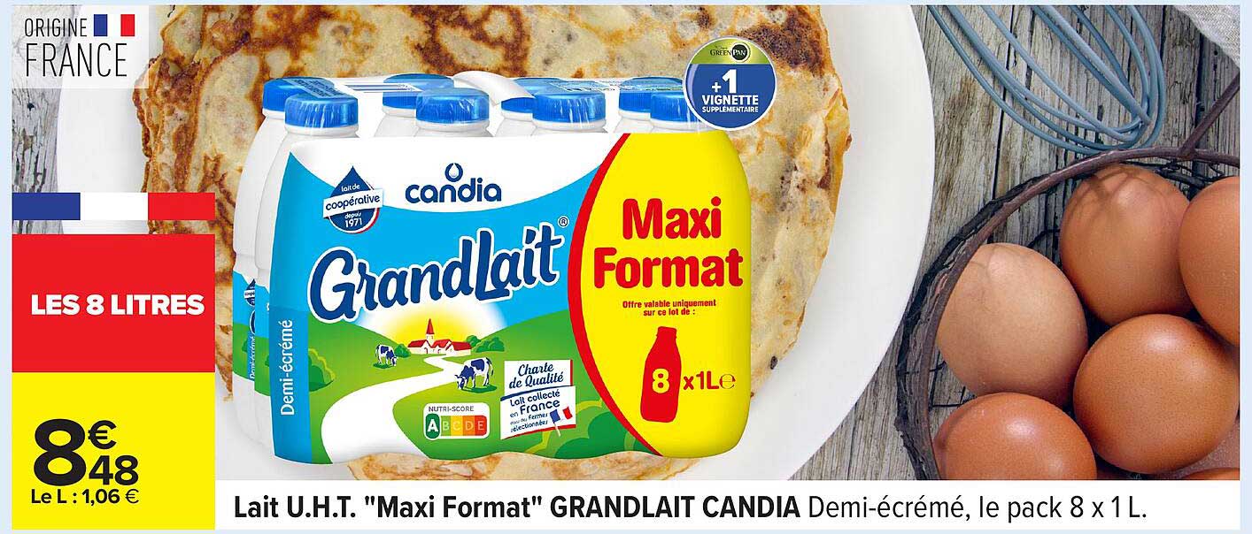 Lait U.H.T. "Maxi Format" GRANDLAIT CANDIA Demi-écrémé, le pack 8 x 1L