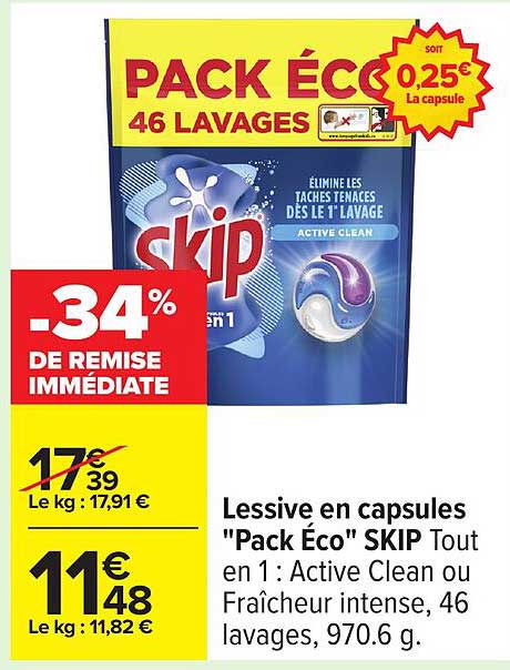 Lessive en capsules "Pack Éco" SKIP Tout en 1 : Active Clean ou Fraîcheur intense, 46 lavages